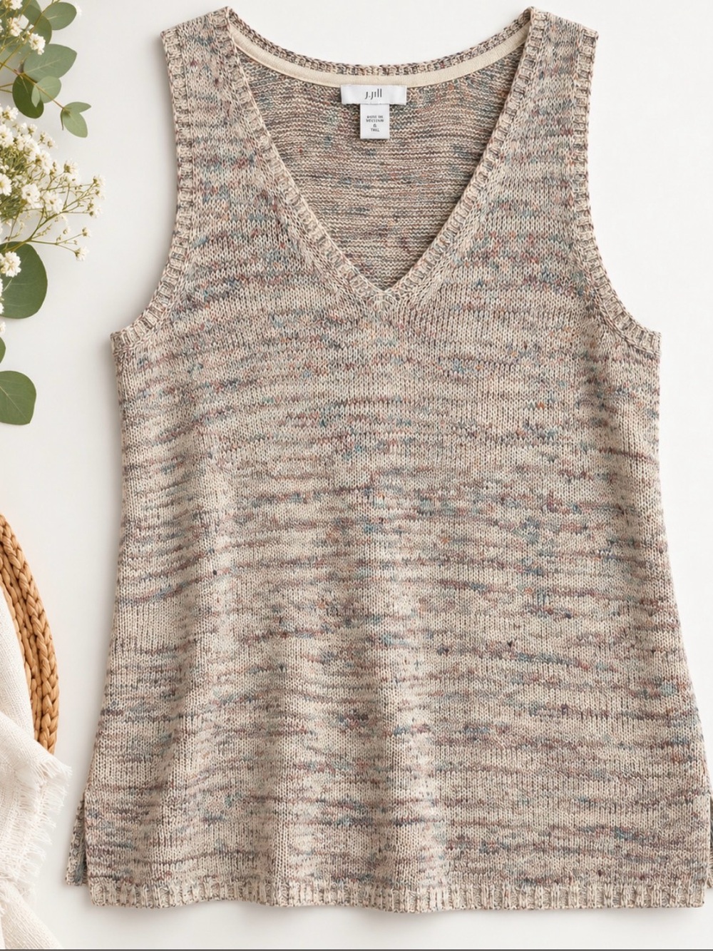 J.Jill S Tall Speckled Knit Sleeveless V-Neck Linen Blend Sweater Vest Tunic
